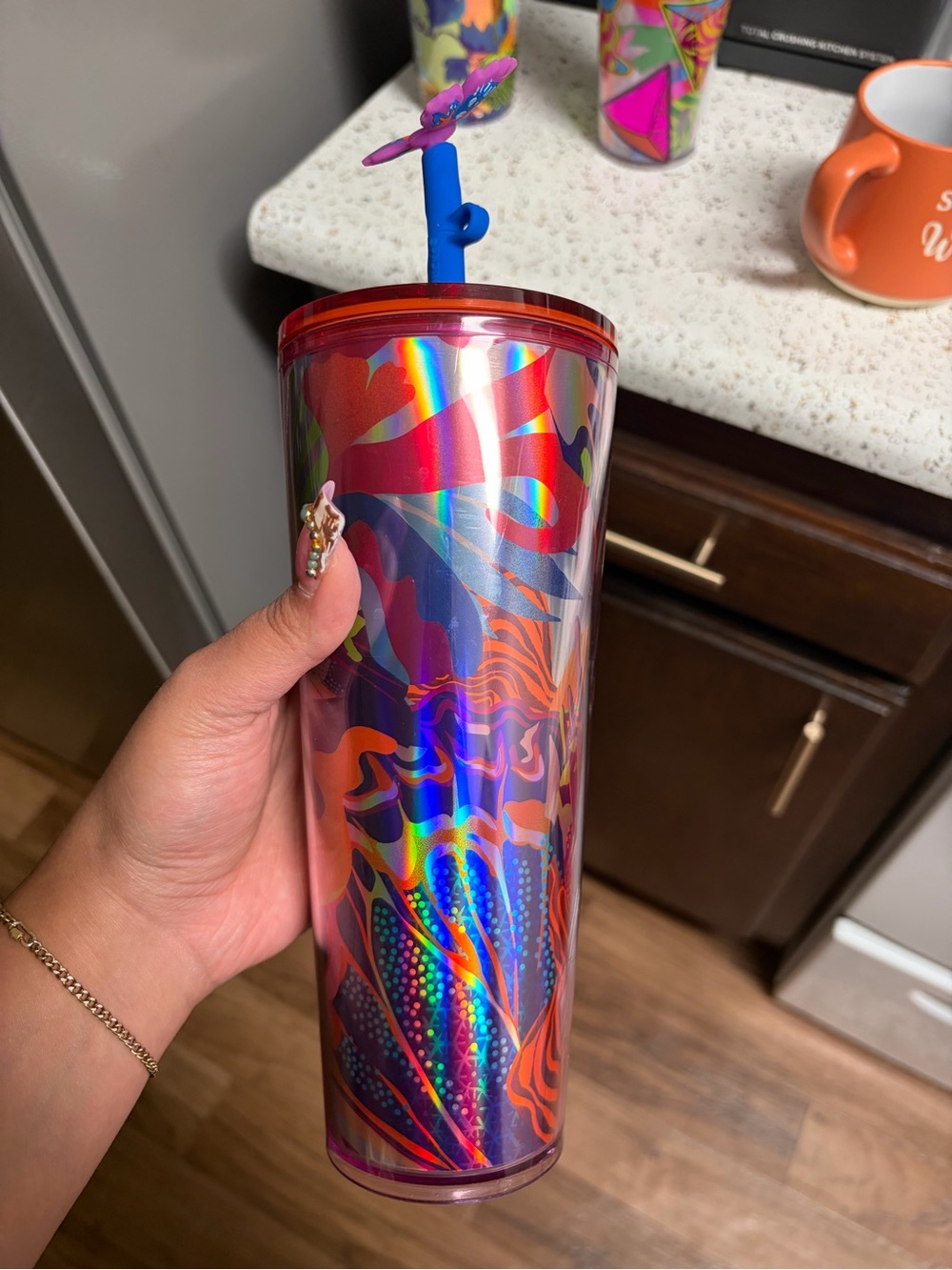 Starbucks Iridescent Pink Multi-Color Tumbler with Blue Straw